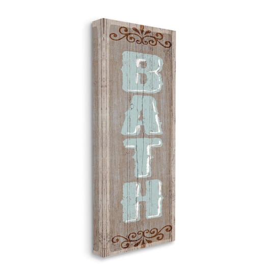 Stupell Industries Rustic Charm Bath Sign Blue Brown Family Bathroom Canvas Wall Art